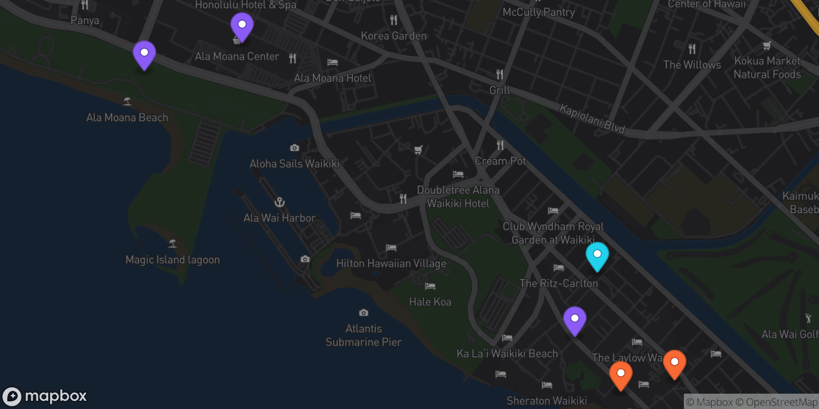 Map showing 6 locations