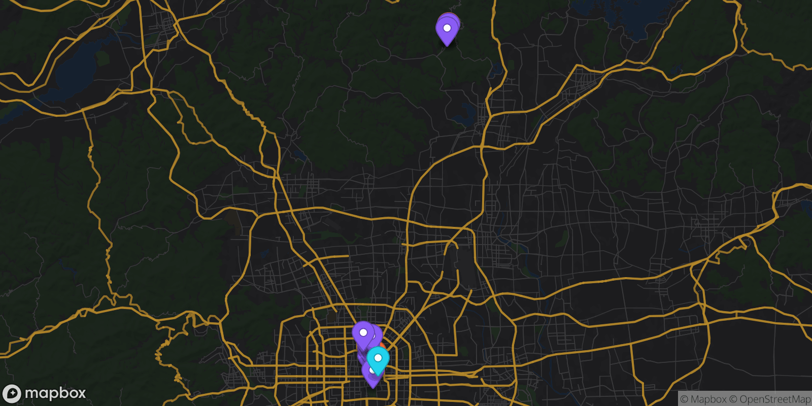 Map showing 13 locations