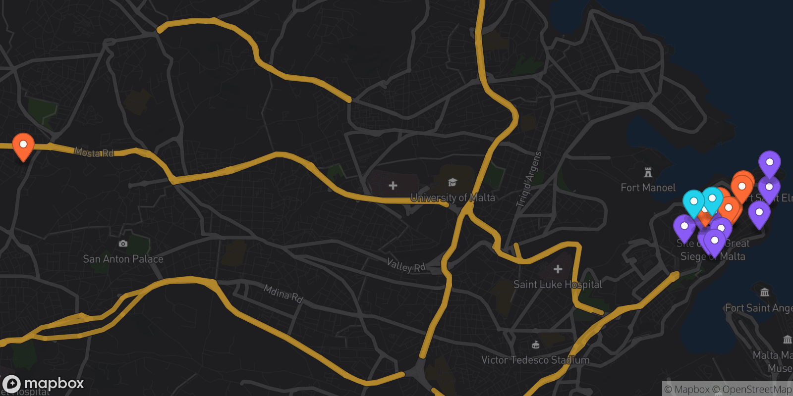 Map showing 18 locations