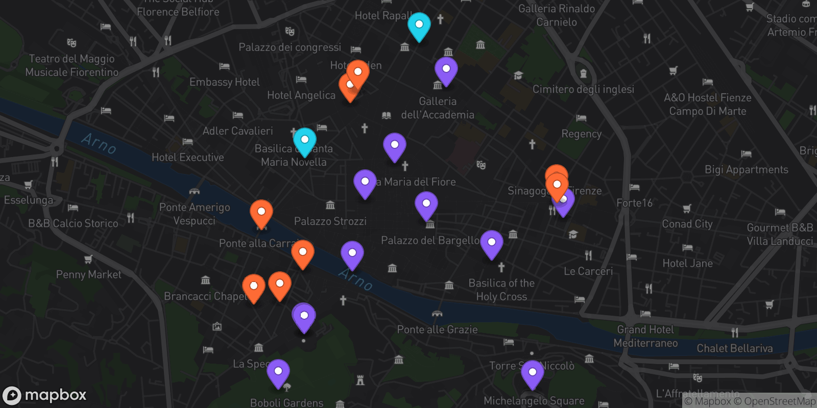 Map showing 21 locations