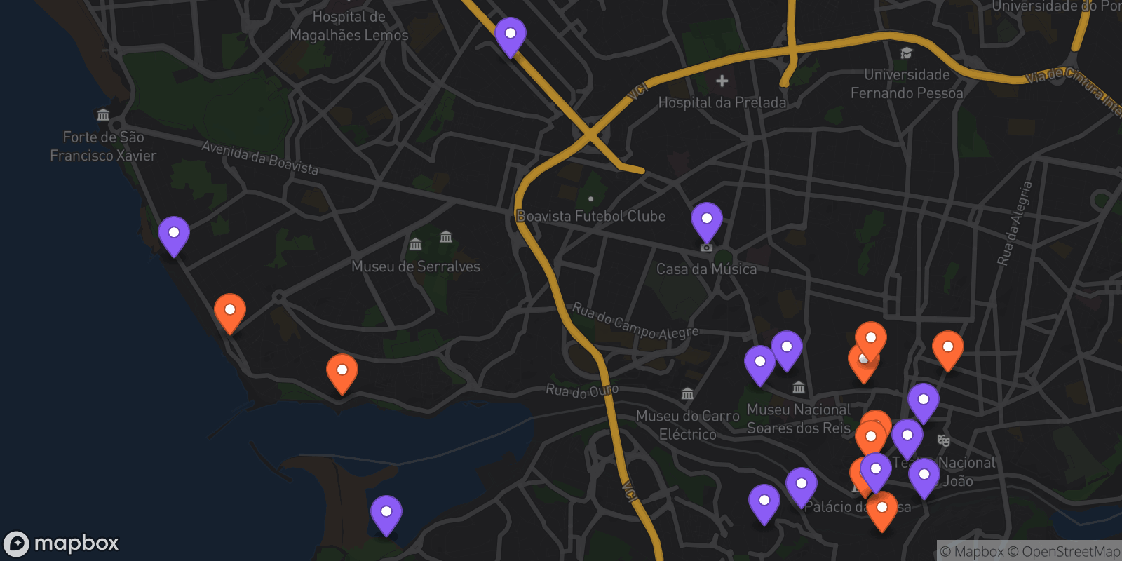 Map showing 21 locations