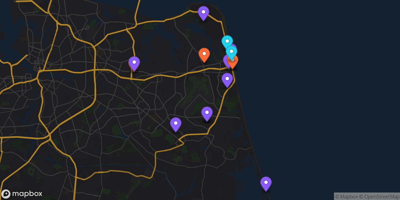 Map showing 16 locations