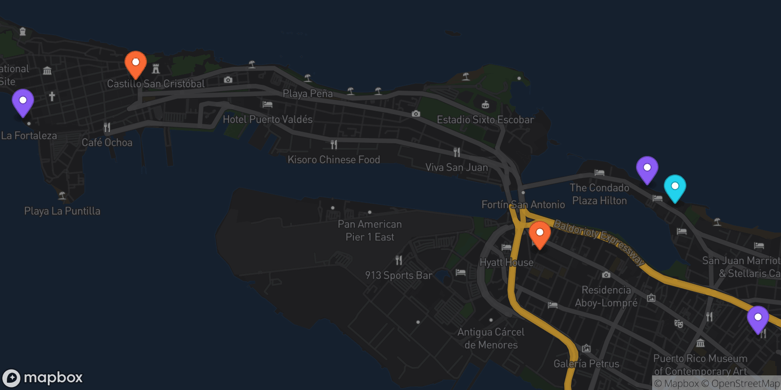 Map showing 6 locations