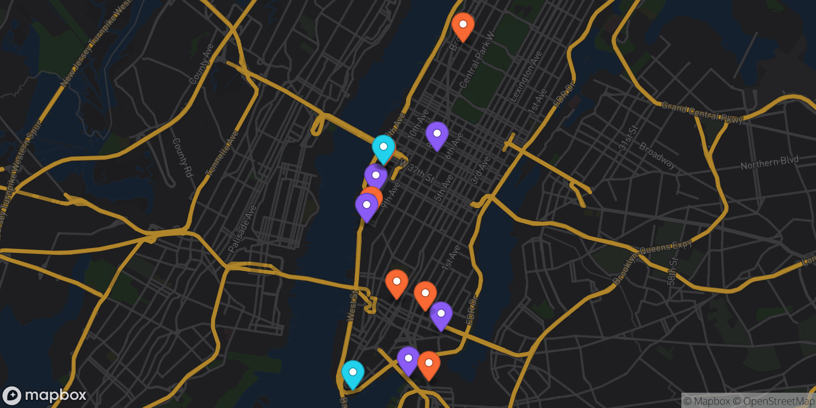 Map showing 13 locations