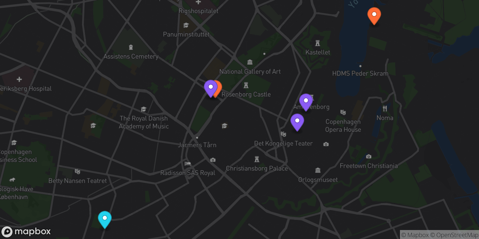 Map showing 6 locations