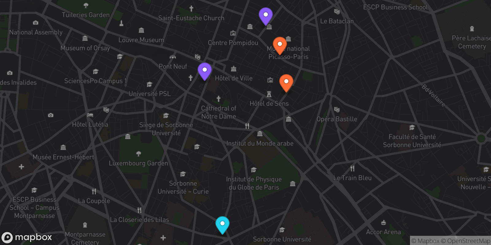 Map showing 5 locations