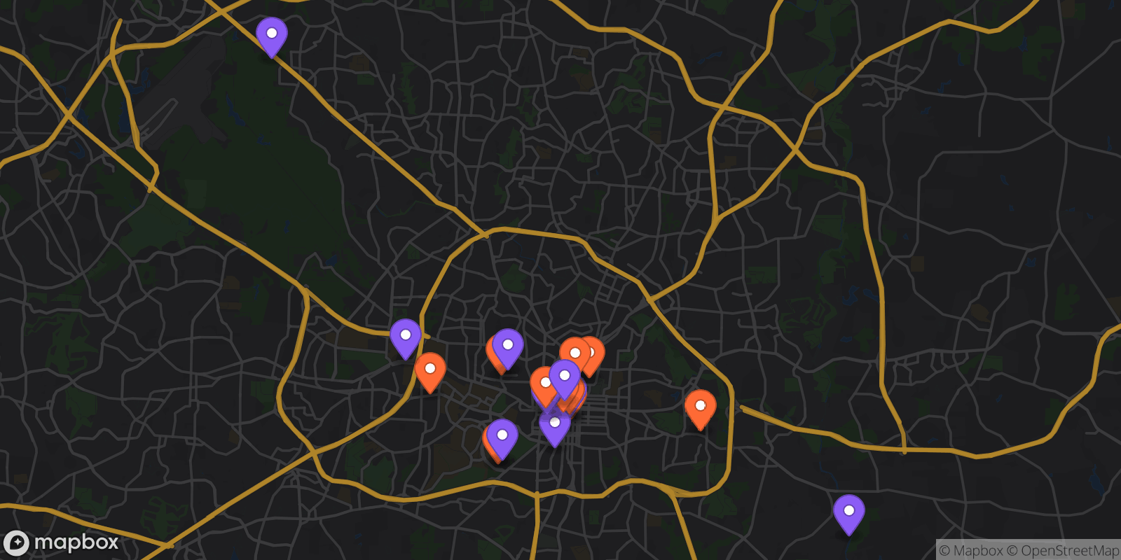 Map showing 21 locations
