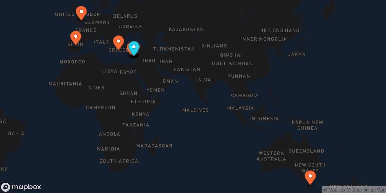 Map showing 23 locations
