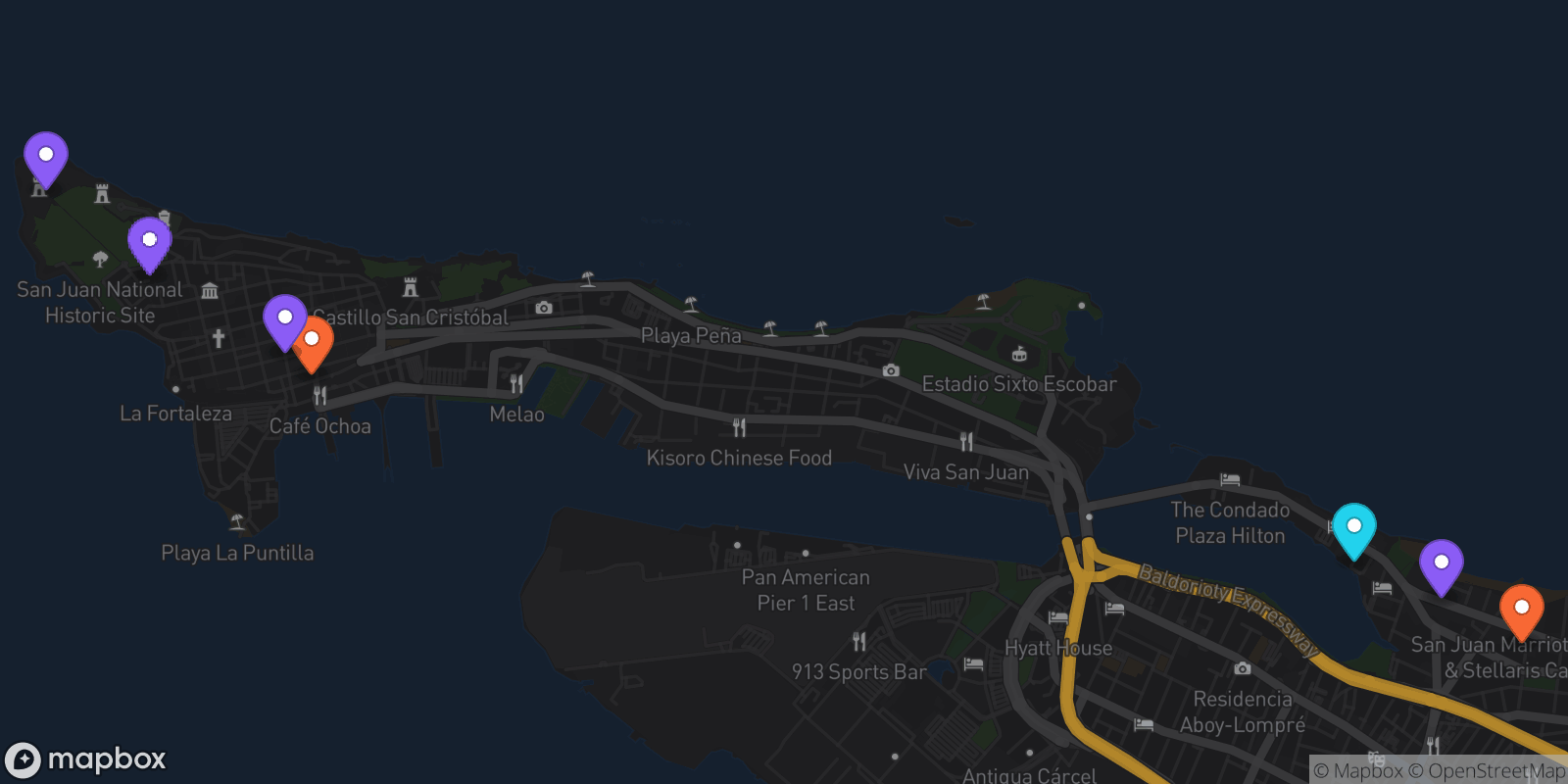 Map showing 7 locations