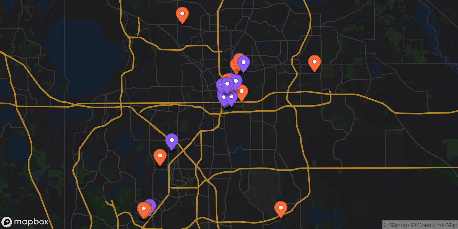 Map showing 28 locations