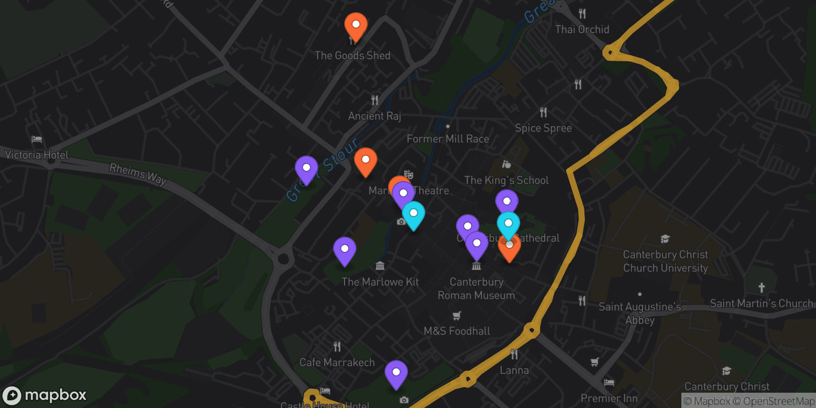 Map showing 13 locations
