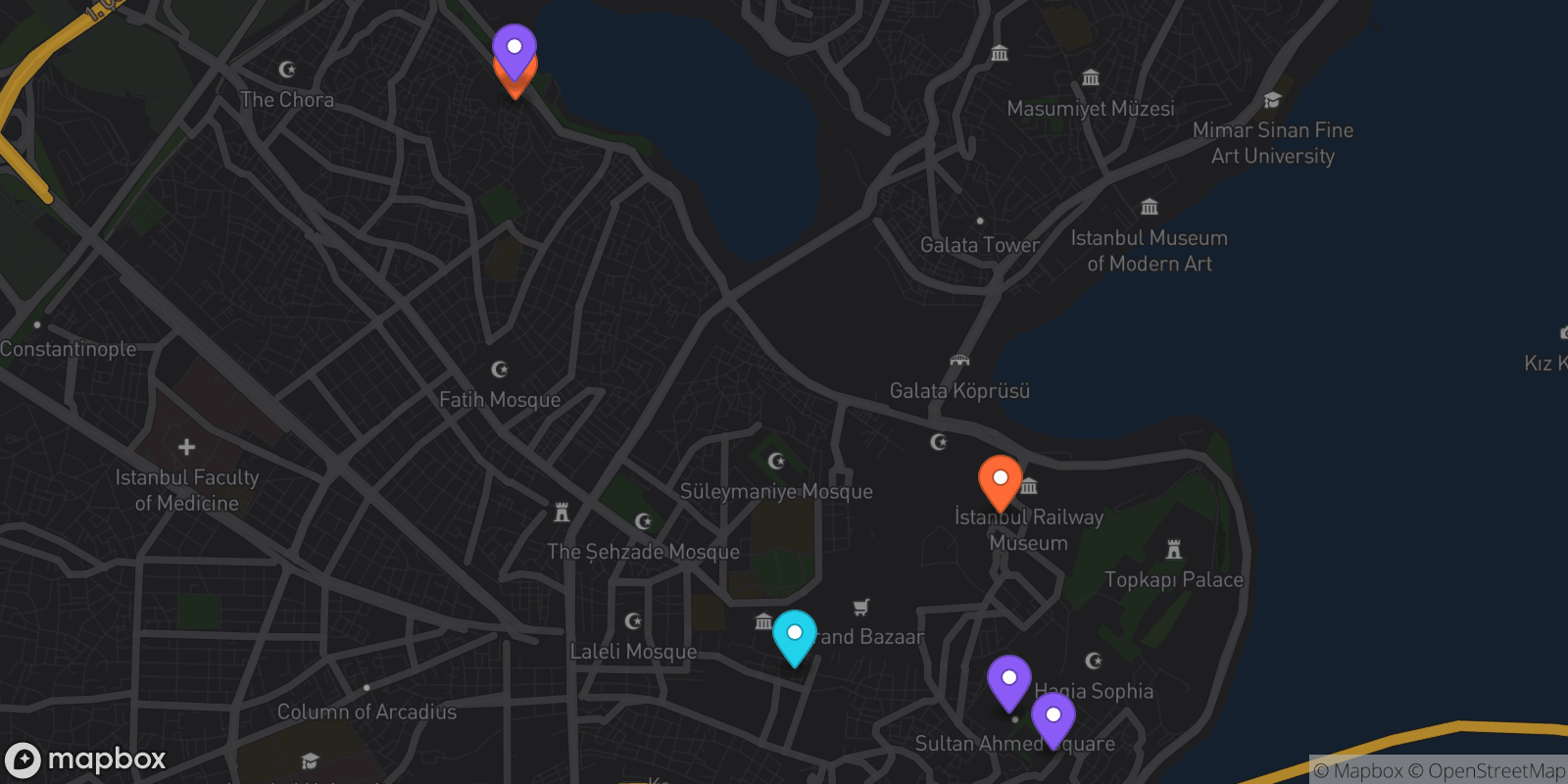 Map showing 6 locations