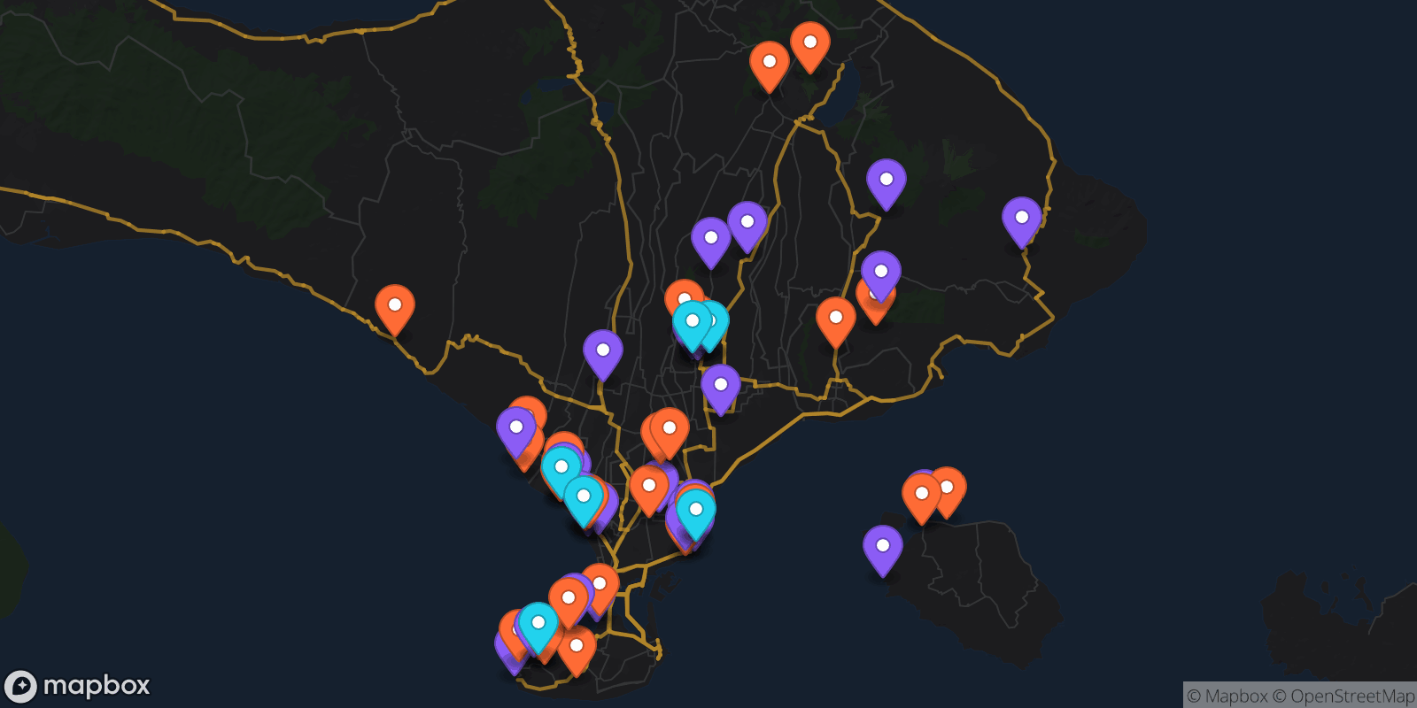 Map showing 68 locations