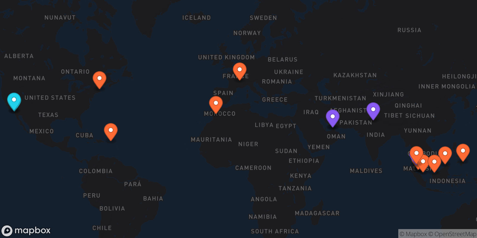 Map showing 18 locations