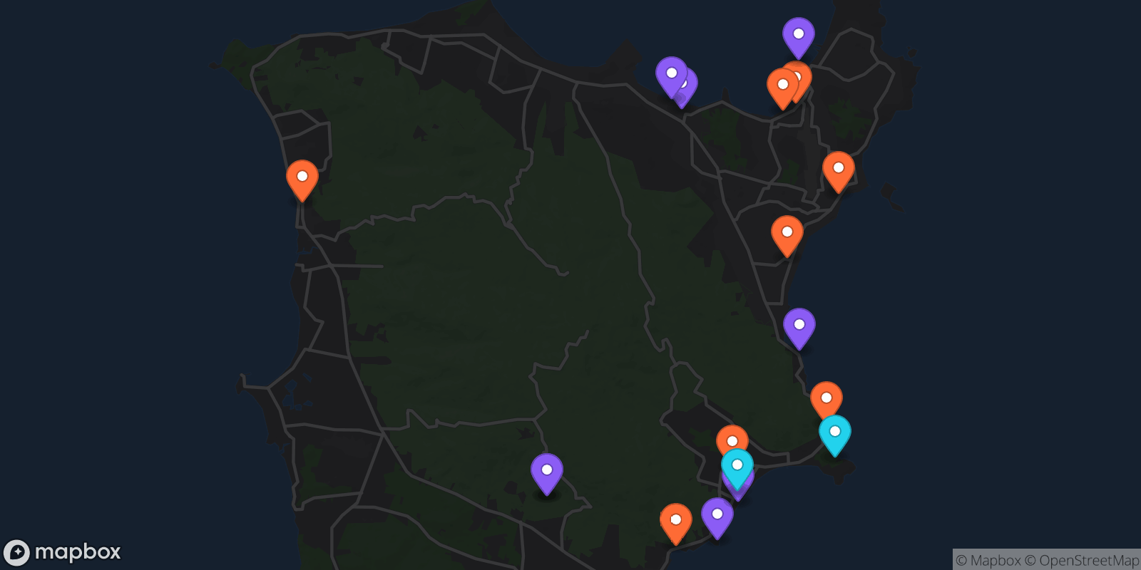 Map showing 18 locations