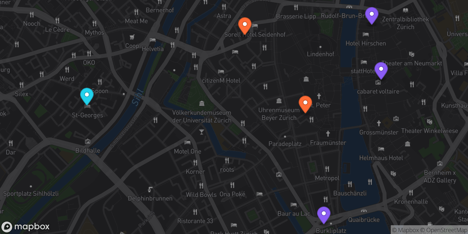 Map showing 6 locations