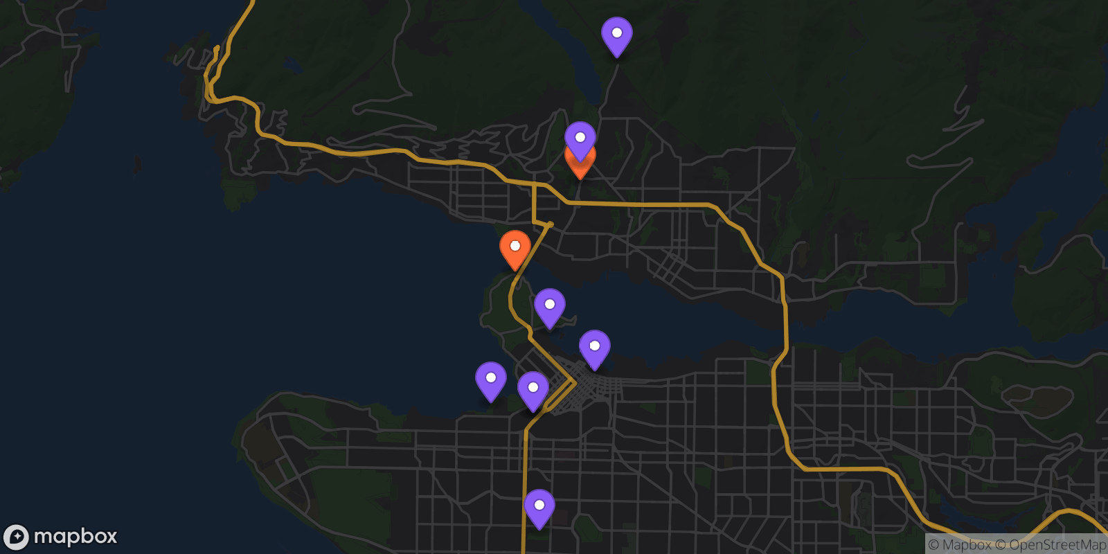 Map showing 10 locations