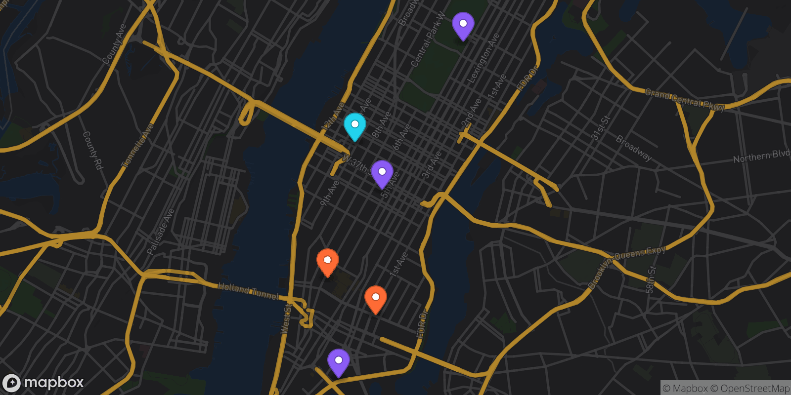 Map showing 6 locations