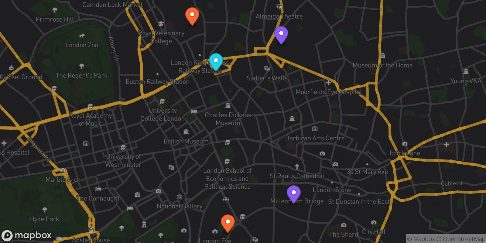 Map showing 5 locations
