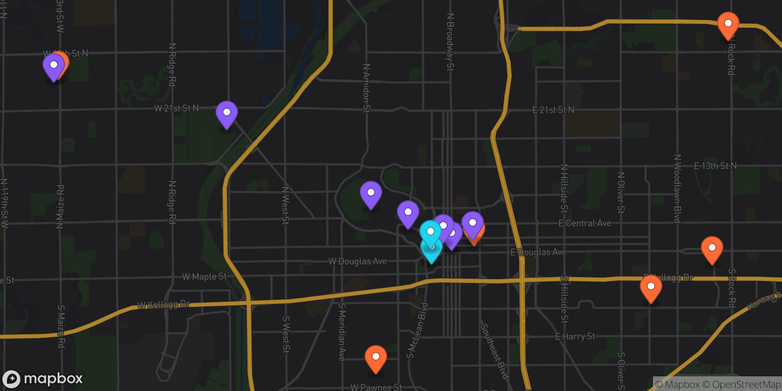Map showing 16 locations