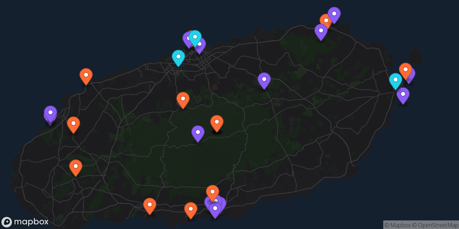 Map showing 32 locations
