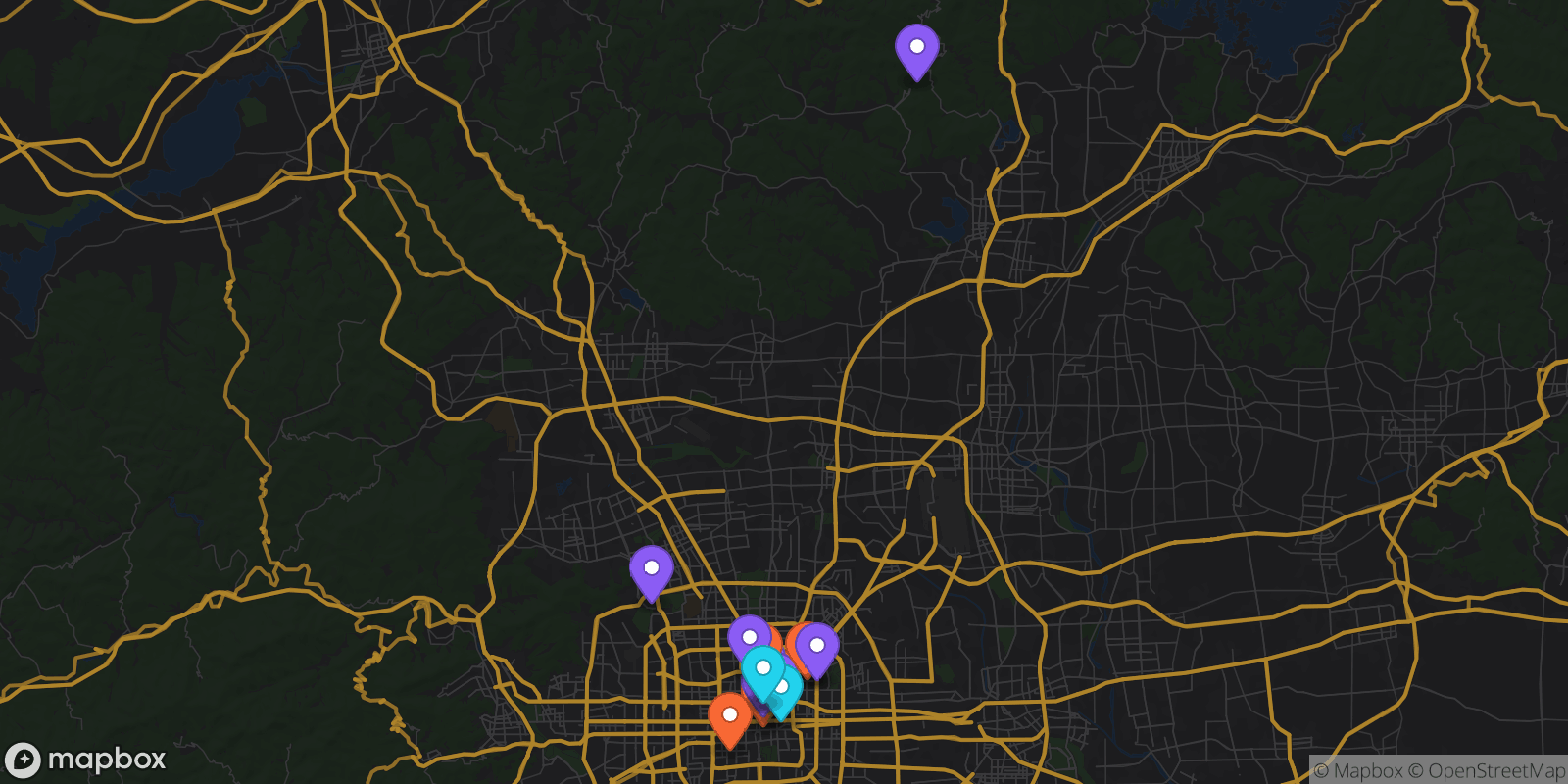 Map showing 15 locations