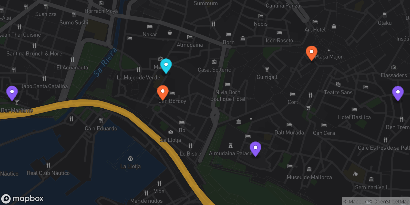 Map showing 6 locations