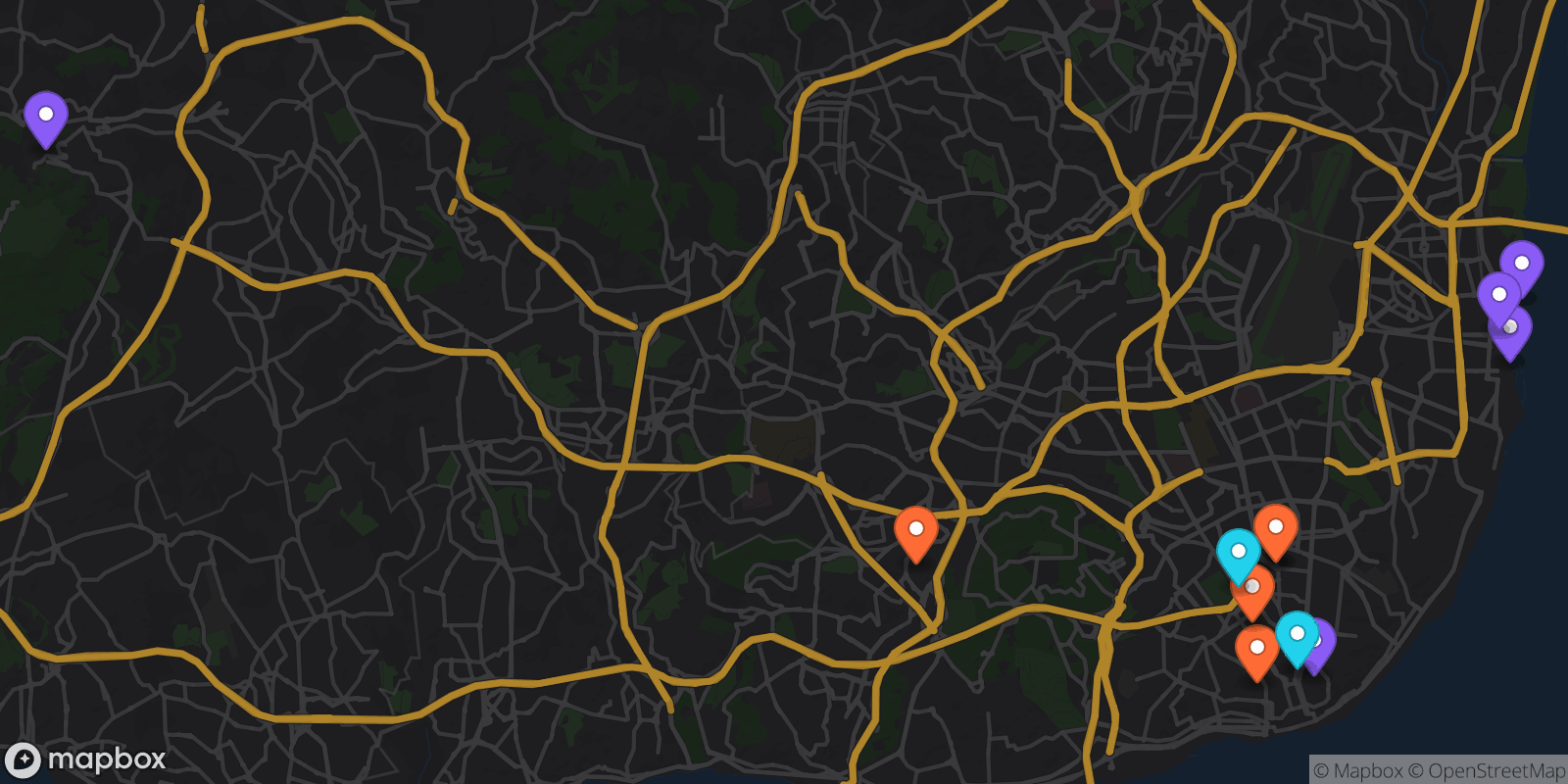 Map showing 12 locations