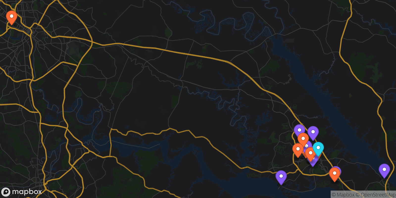 Map showing 21 locations