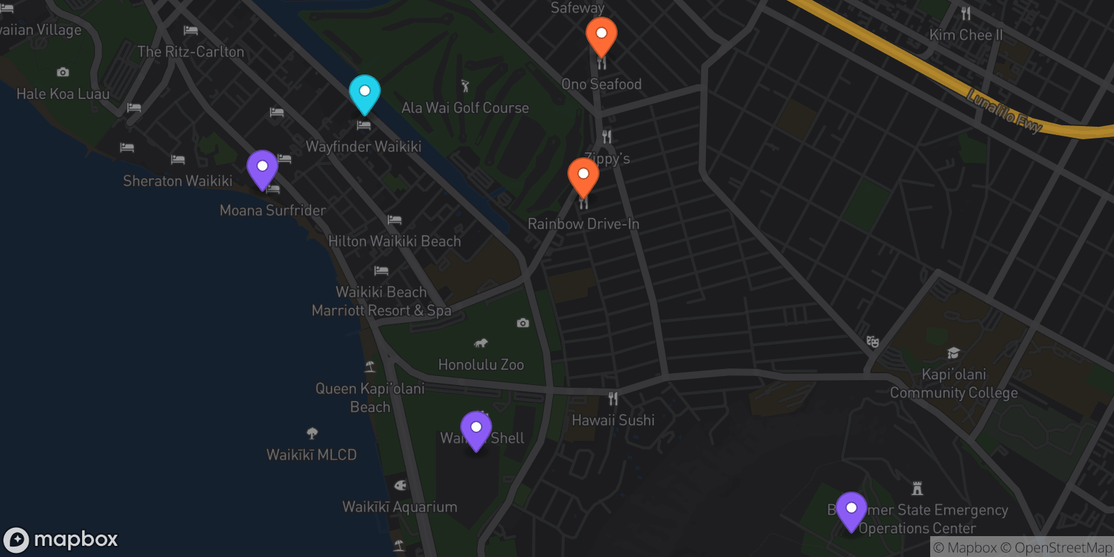 Map showing 6 locations