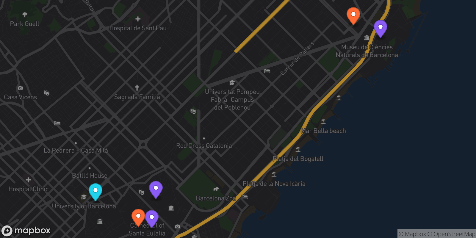 Map showing 6 locations