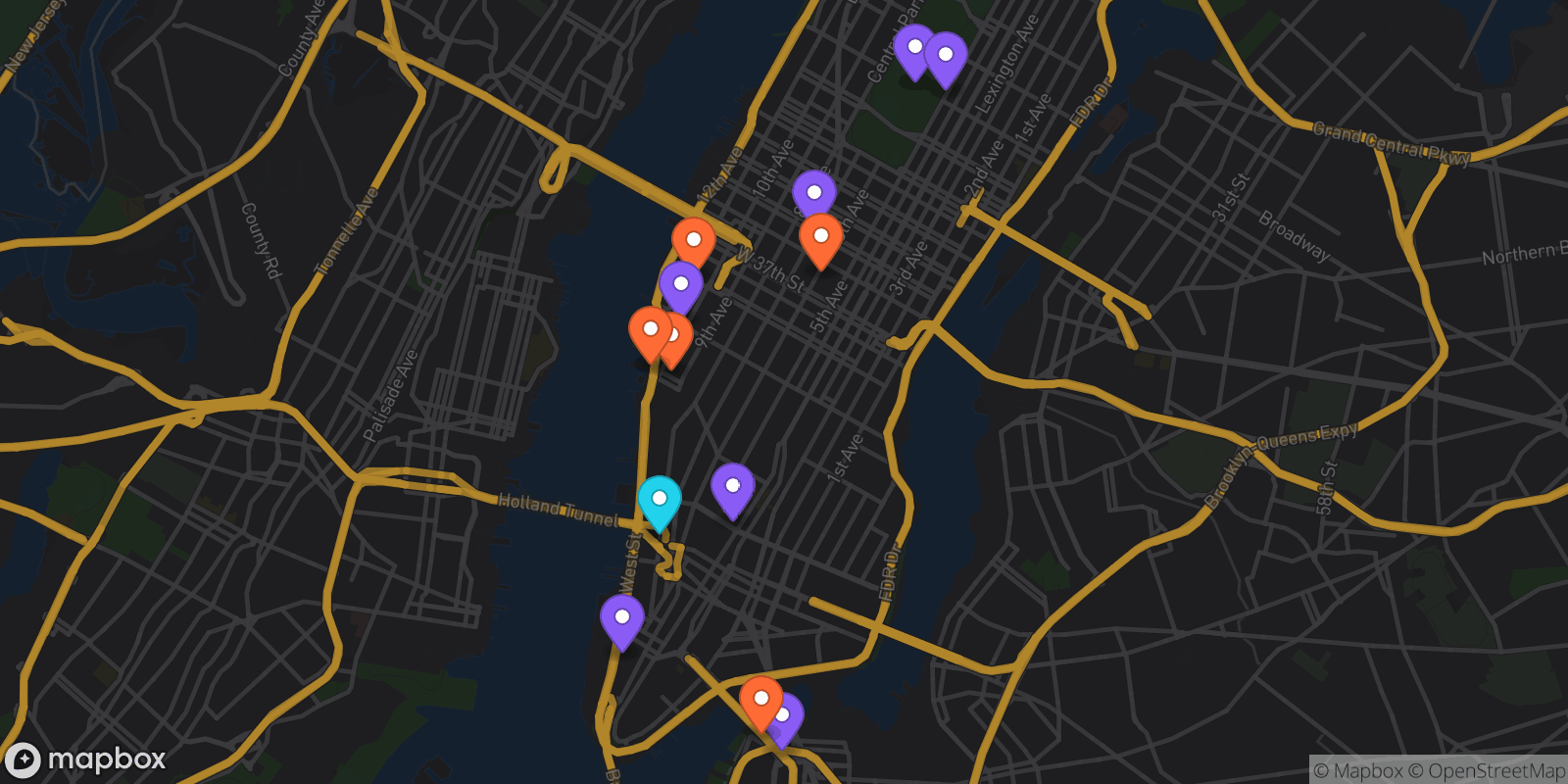 Map showing 13 locations