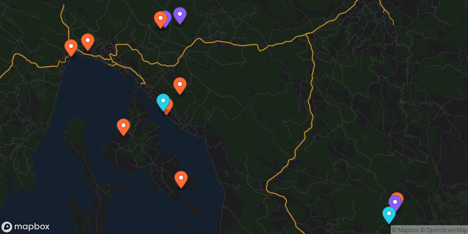 Map showing 13 locations