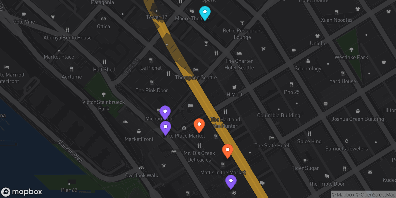 Map showing 6 locations
