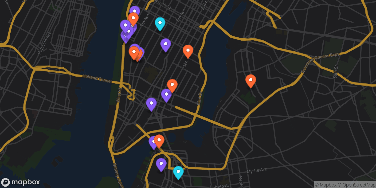 Map showing 21 locations
