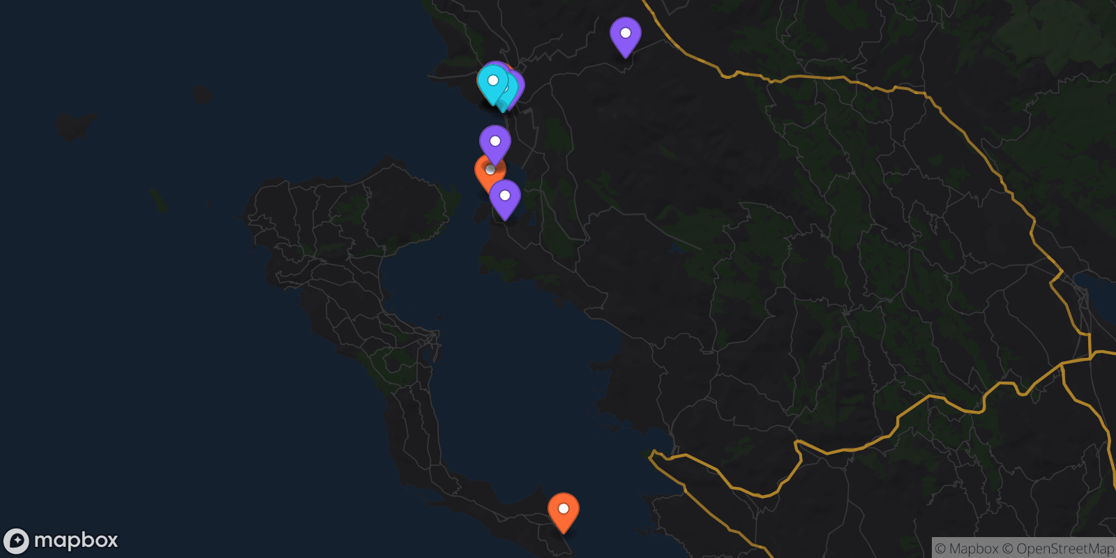 Map showing 15 locations
