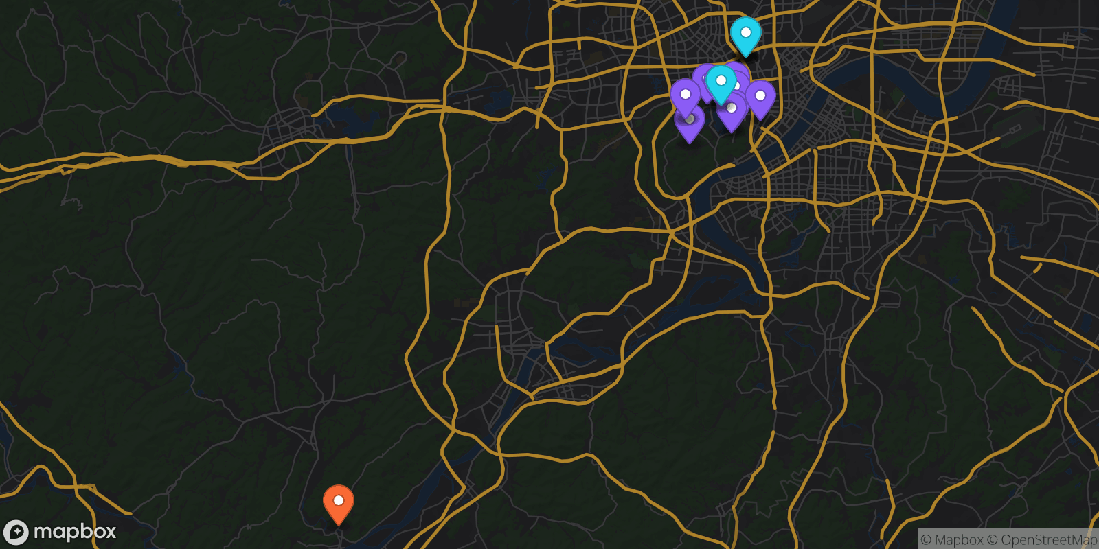 Map showing 17 locations