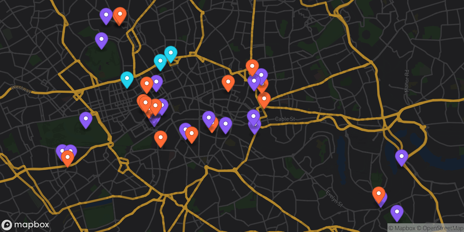 Map showing 43 locations