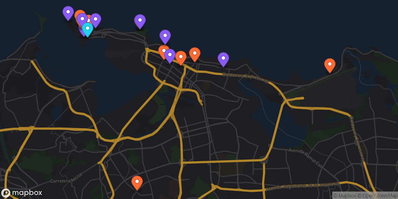 Map showing 18 locations