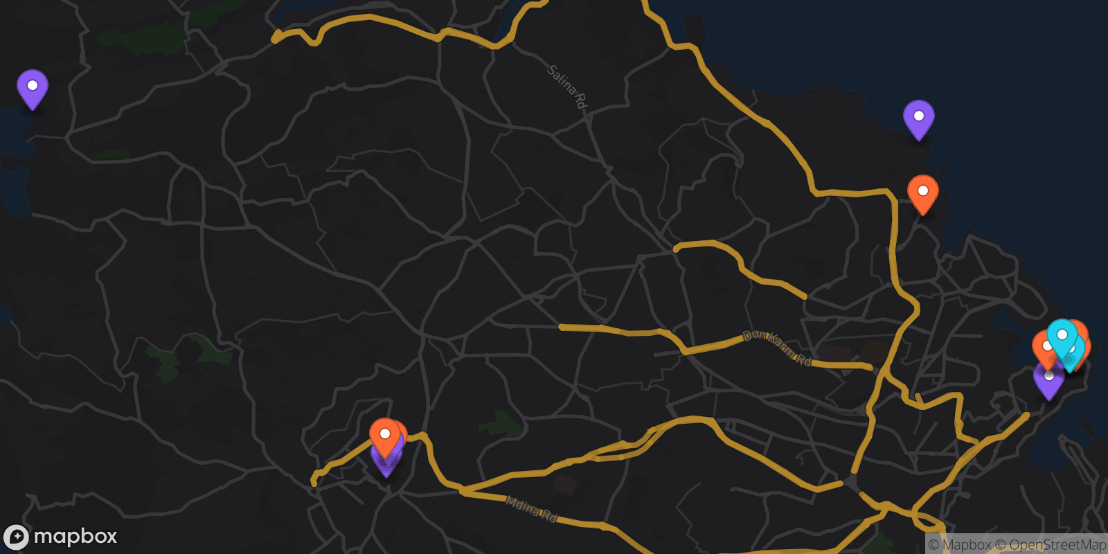 Map showing 16 locations
