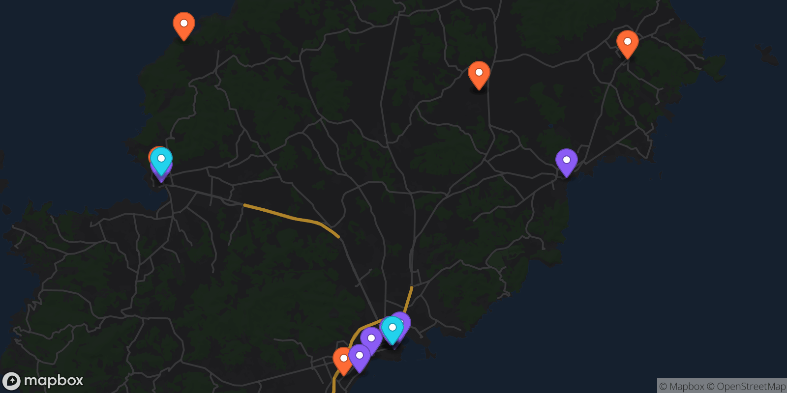 Map showing 18 locations