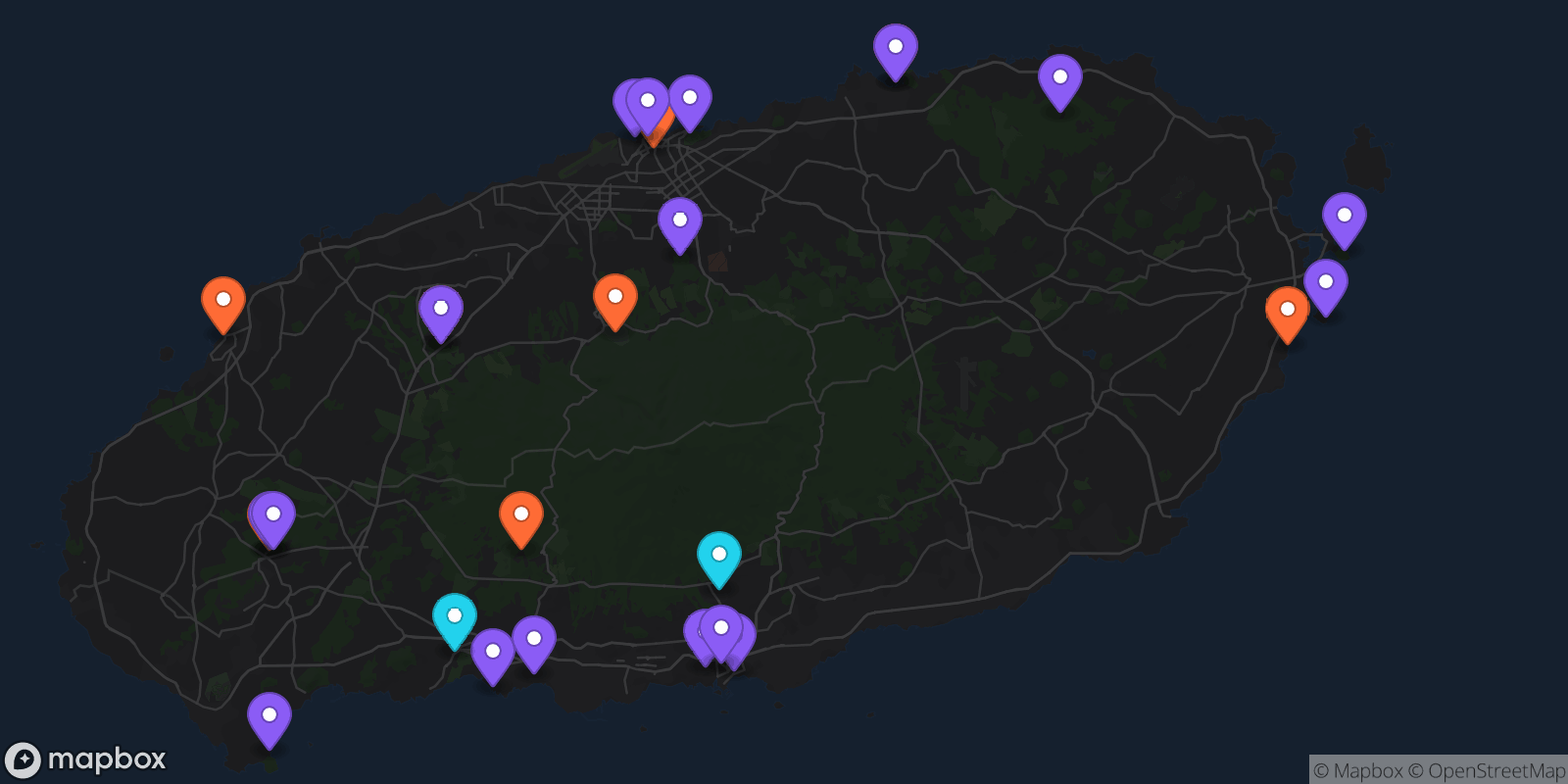 Map showing 27 locations