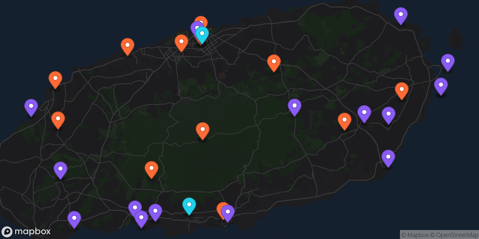 Map showing 33 locations