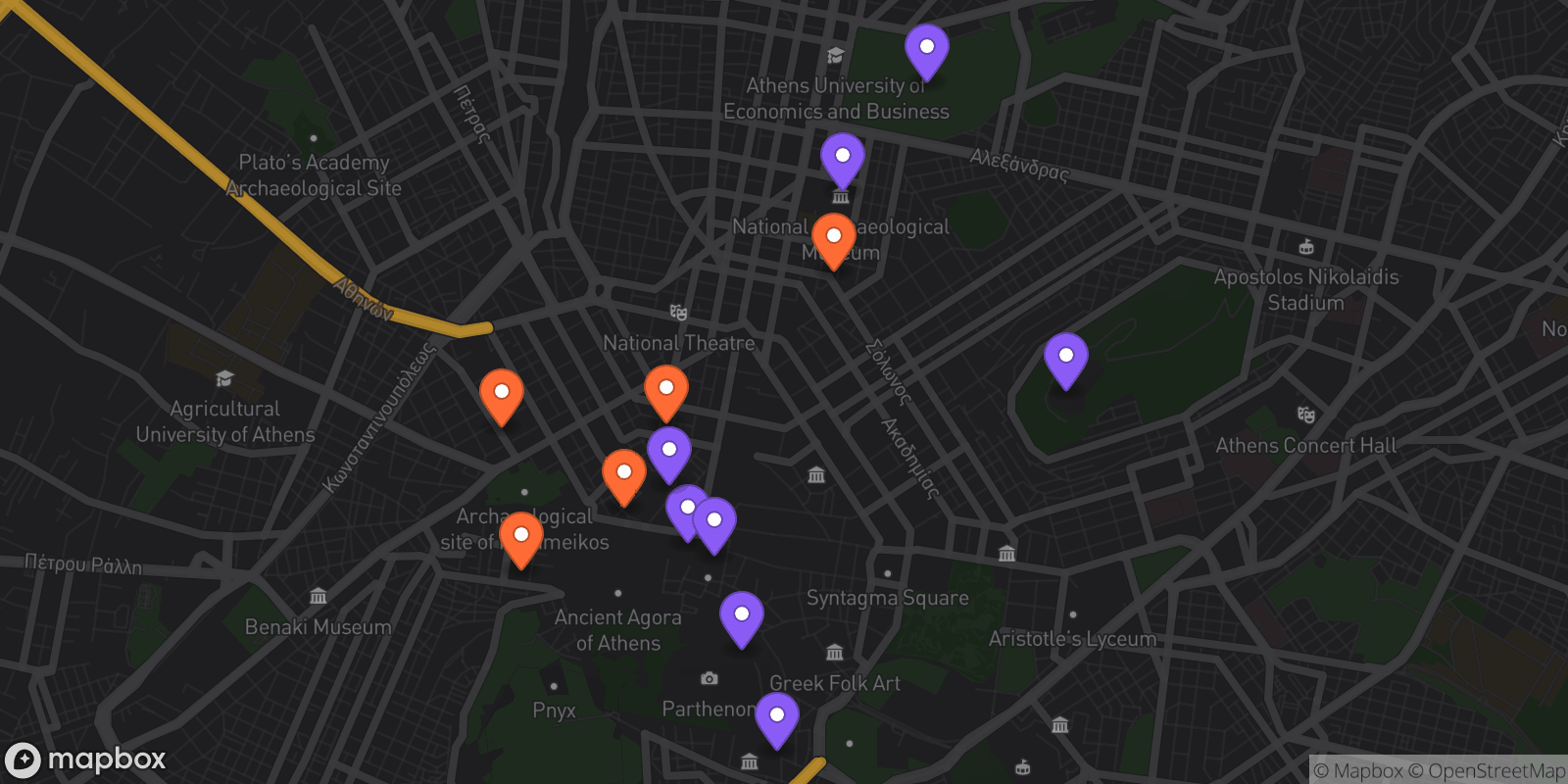 Map showing 13 locations