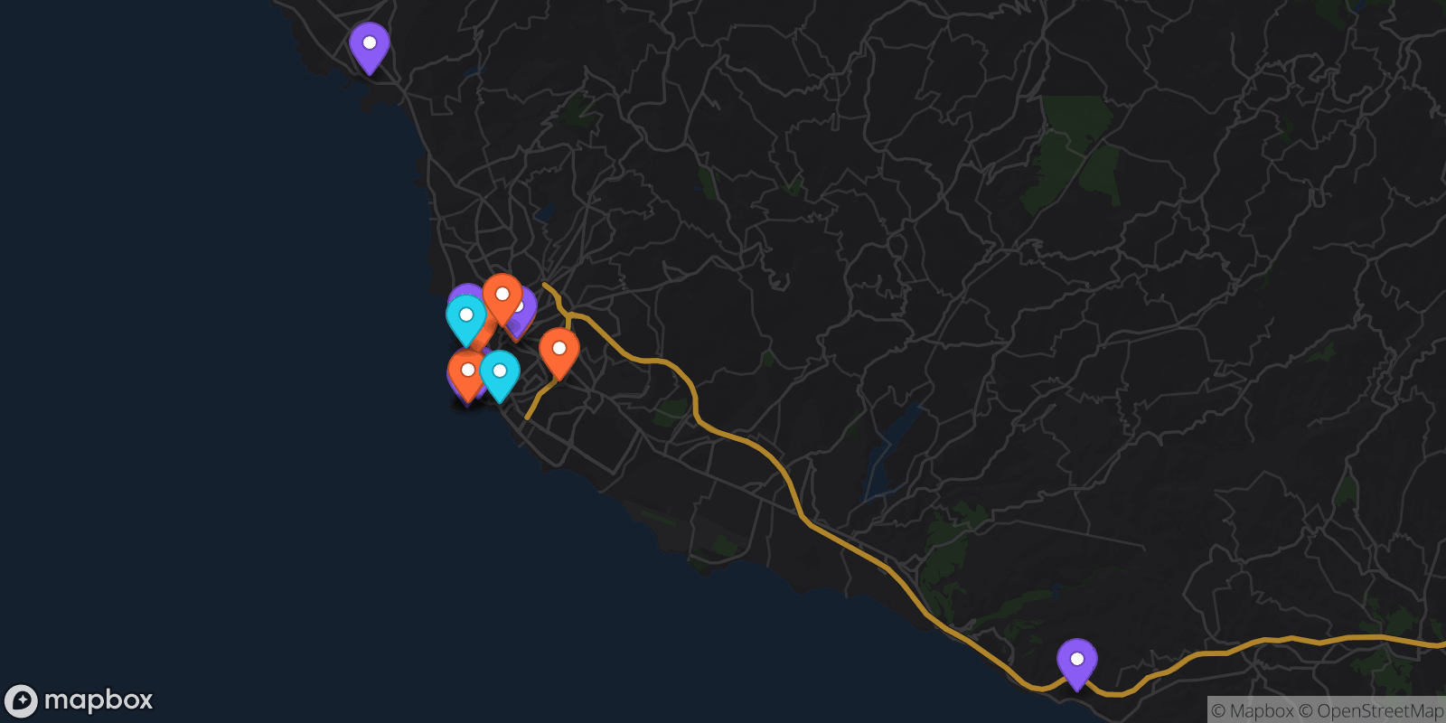 Map showing 15 locations