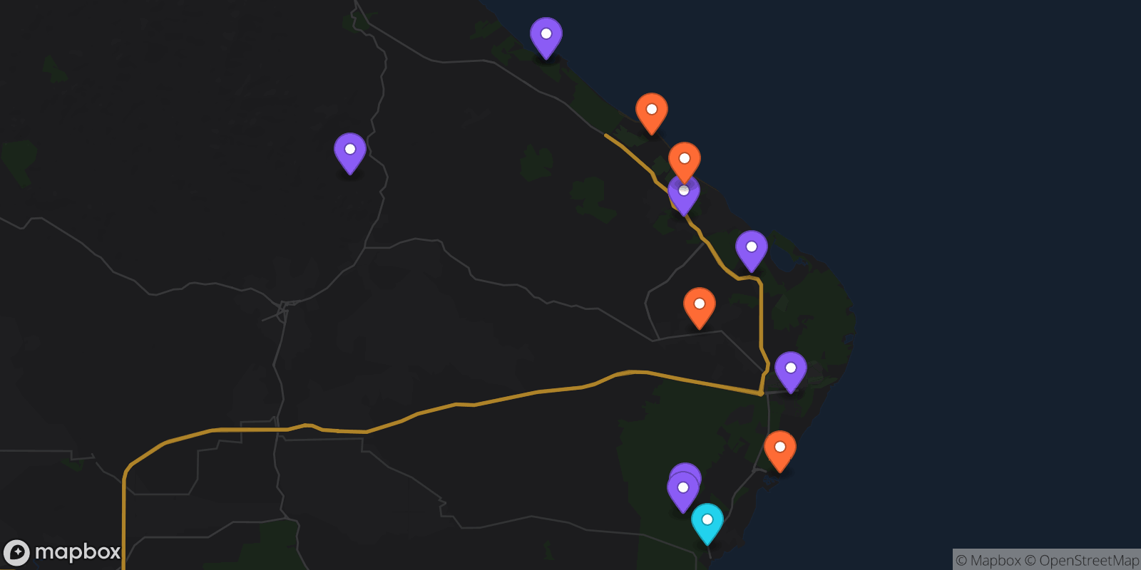 Map showing 13 locations
