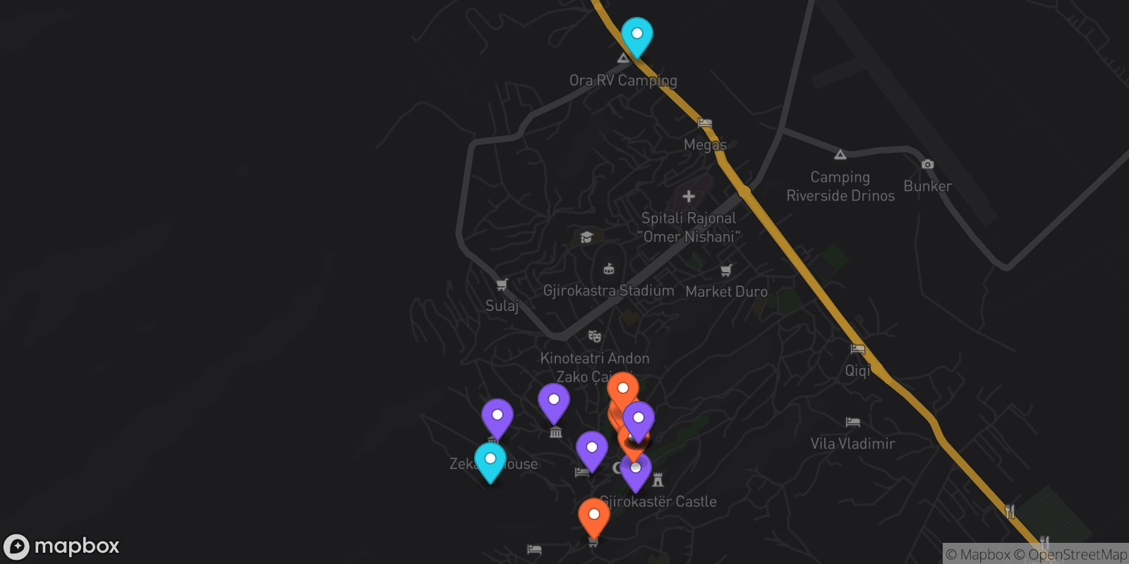 Map showing 17 locations