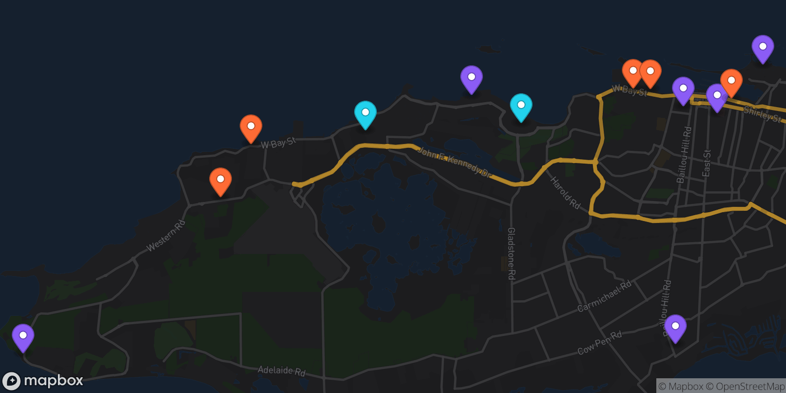 Map showing 13 locations