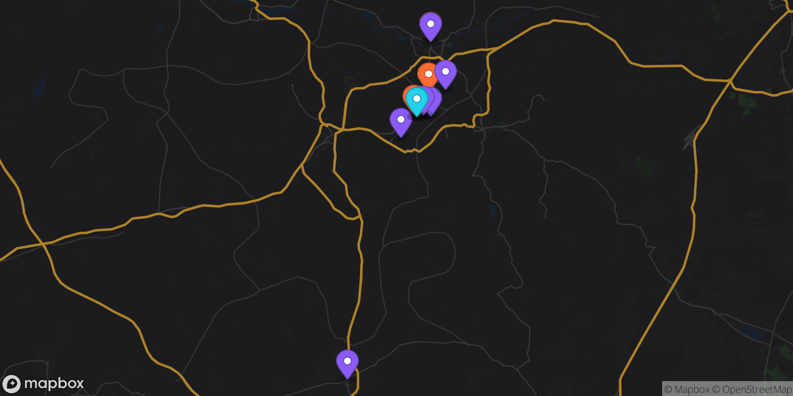 Map showing 13 locations
