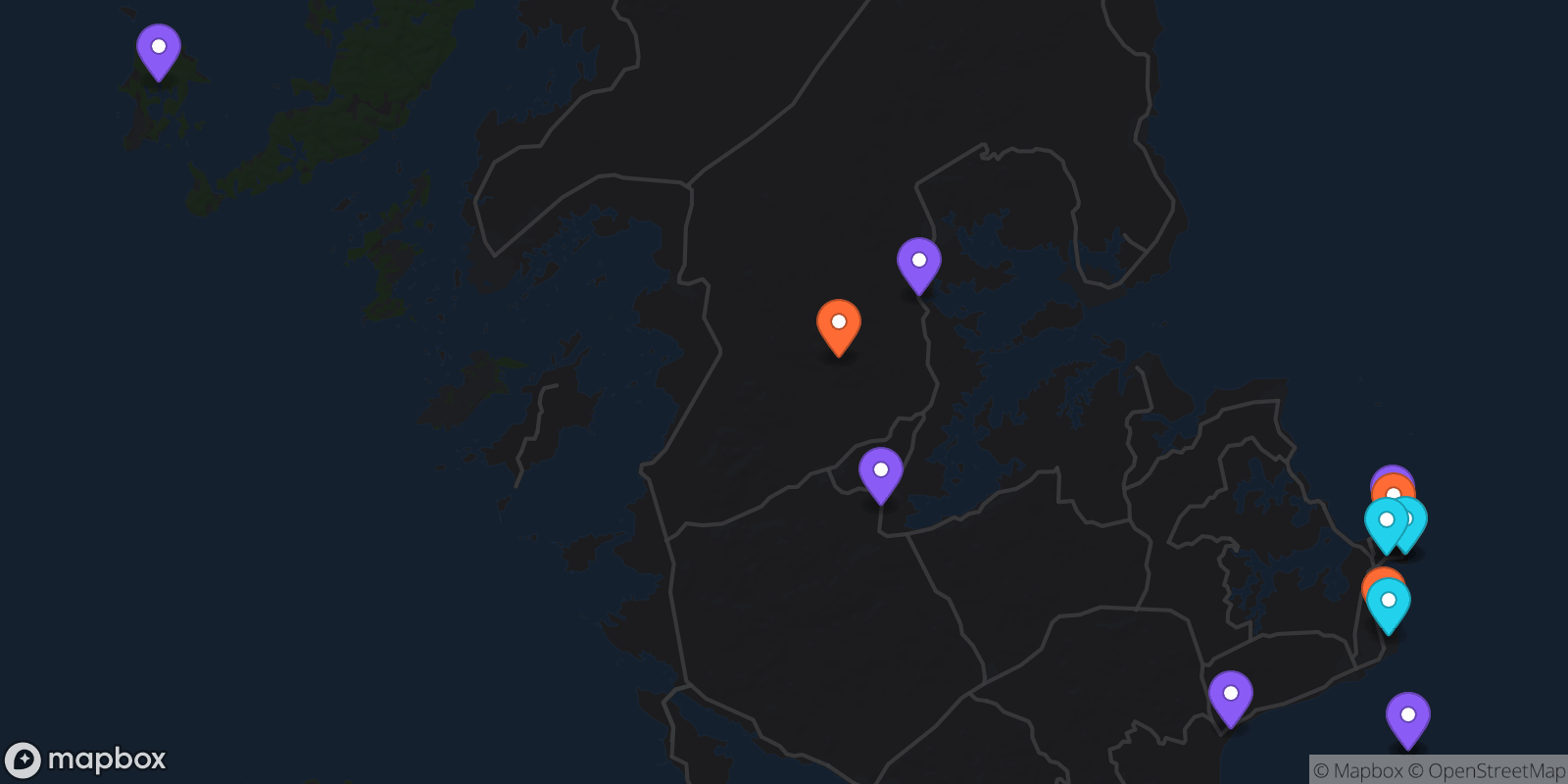 Map showing 14 locations
